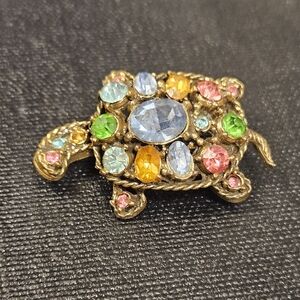Vintage Colorful Gemstone Turtle Brooch 2" x 1.25"
